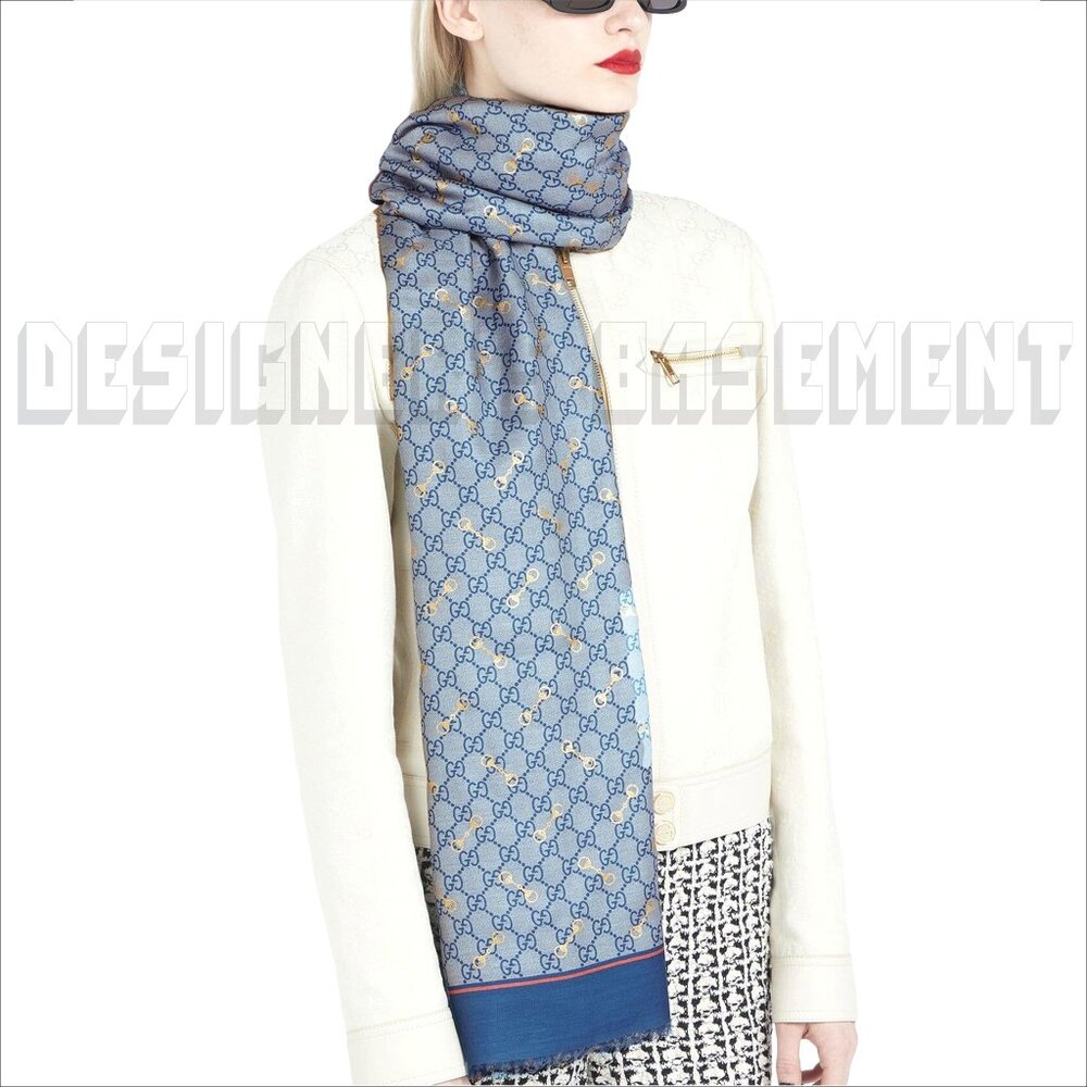 GUCCI blue GG with gold Horsebits print giant 53" - square modal/silk scarf NWT - Picture 8 of 9